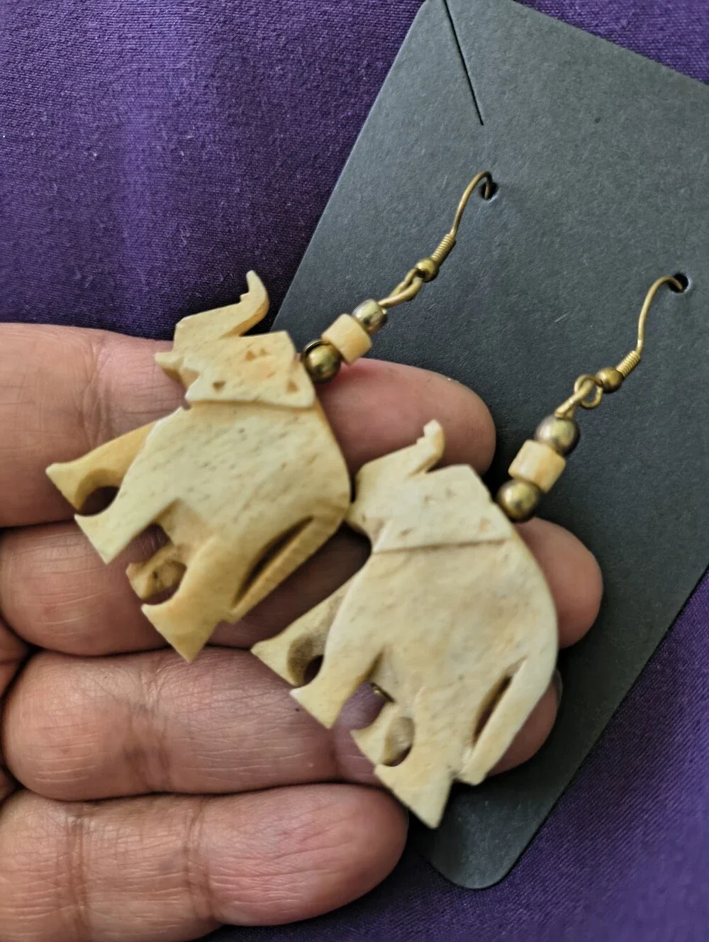 Beautiful Hand Carved Bone Elephant Dangle Earrings. Estate Find. So Nice!
